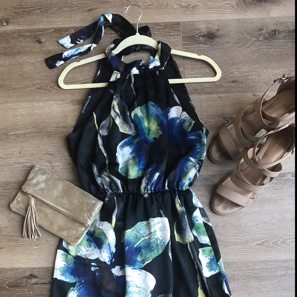 Silky black floral fabric dress w/ tie behind neck